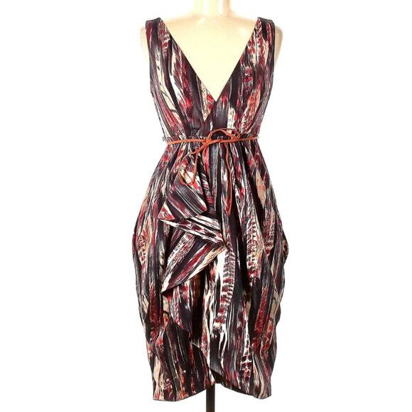 H & M SLEEVELSS BELTED V NECK LINNED DRESS BROWN PRINT DRESS SZ 12 - Picture 1 of 5